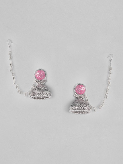 

Anouk Pink Oxidized Silver-Plated Enamelled Dome Shaped Jhumkas With Ear Chains