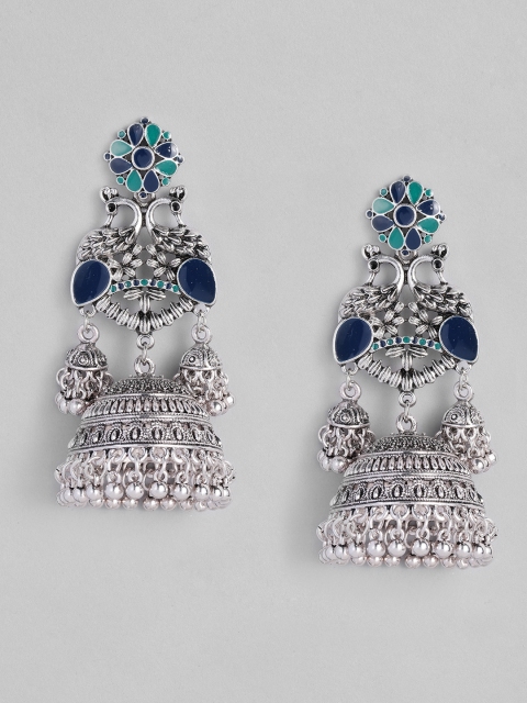 

Anouk Blue & Green Oxidized Silver-Plated Enamelled Dome Shaped Jhumkas