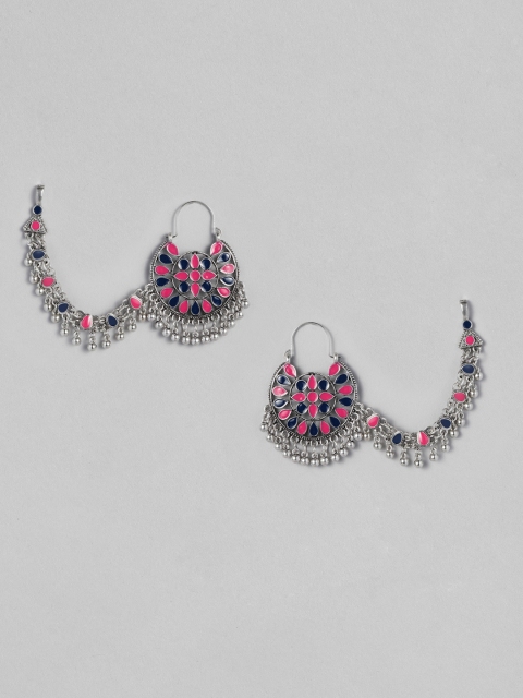 

Anouk Blue & Pink Oxidized Silver-Plated Enamelled Circular Drop Earrings With Ear Chain