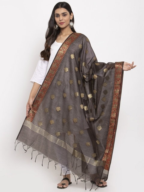 

LOOM LEGACY Camel Brown & Gold-Coloured Woven Design Jacquard Banarasi Dupatta