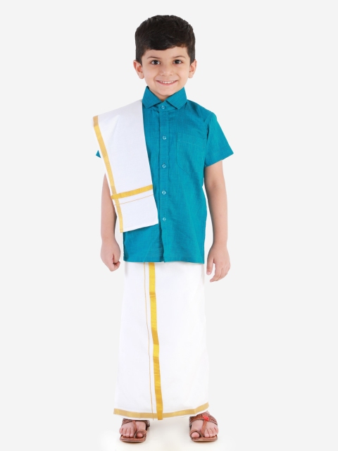 

JBN Creation Boys Blue & White Solid Shirt with Dhoti Pants