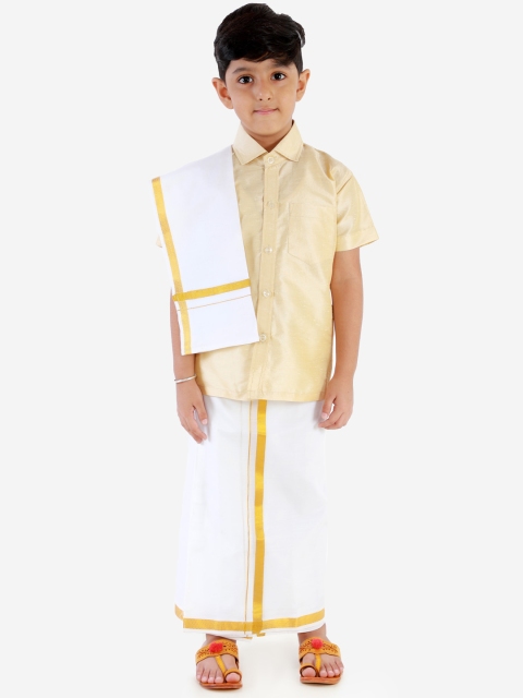 

JBN Creation Boys Gold-Toned & White Self Design Shirt with Dhoti Pants