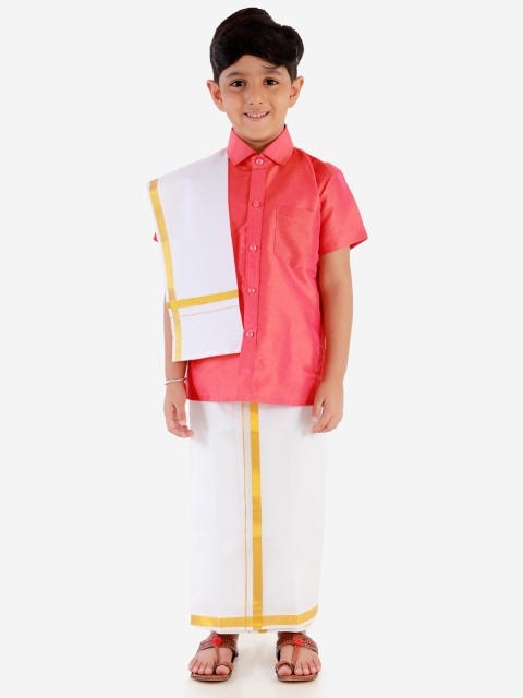 

JBN Creation Boys Red & White Self Design Shirt and Veshti