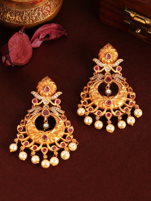 

Rubans Gold-Plated & Red Handcrafted Ruby Floral Drop Earrings