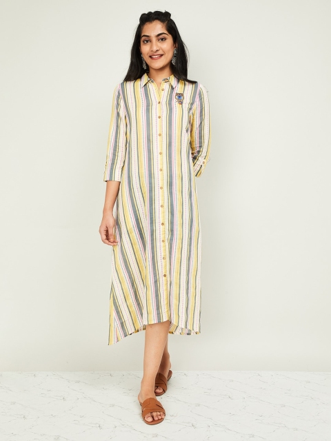

Melange by Lifestyle Women Off-White & Yellow Striped Shirt Dress
