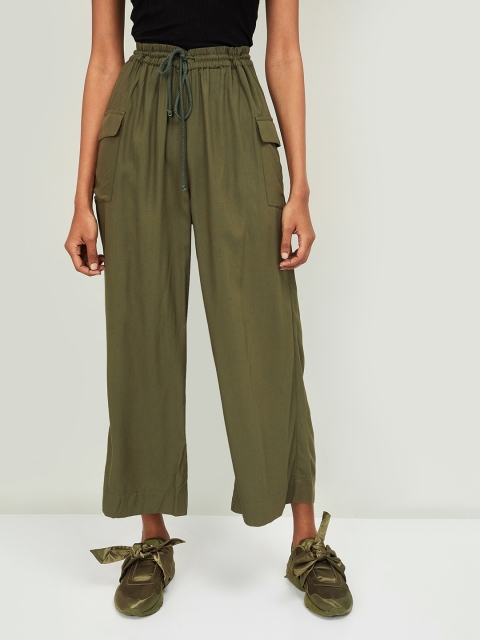 

Ginger by Lifestyle Women Olive Green Regular Fit Solid Parallel Trousers