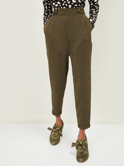 

Ginger by Lifestyle Women Olive Green Regular Fit Solid Peg Trousers