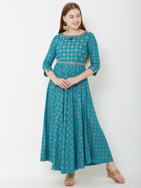 

FASHOR Women Blue & Gold-Toned Woven Design Anarkali Kurta