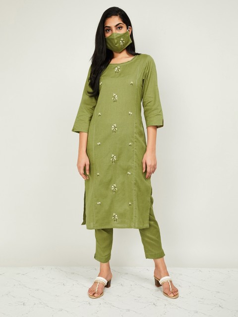 

Melange by Lifestyle Women Olive Green Embroidered Kurta with Trousers