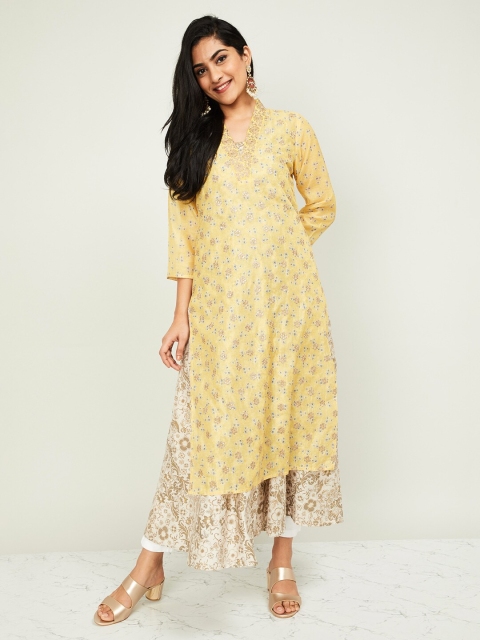 

Melange by Lifestyle Women Yellow & White Self Design Kurta with Trousers