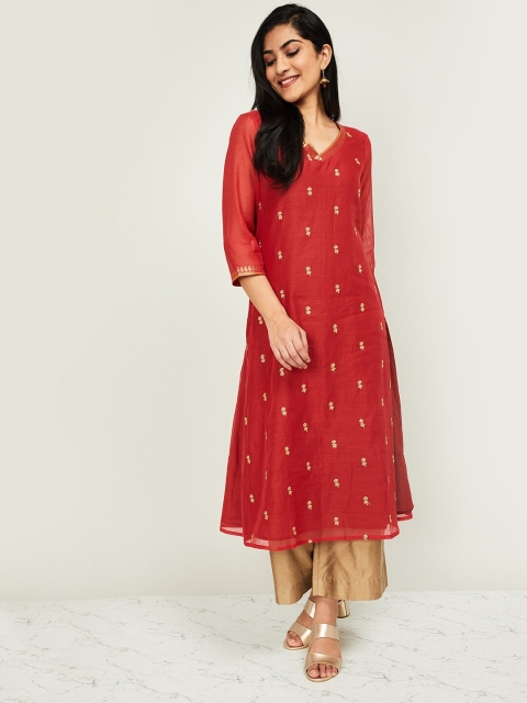 

Melange by Lifestyle Women Red & Gold-Toned Embroidered Kurta with Palazzos & Dupatta