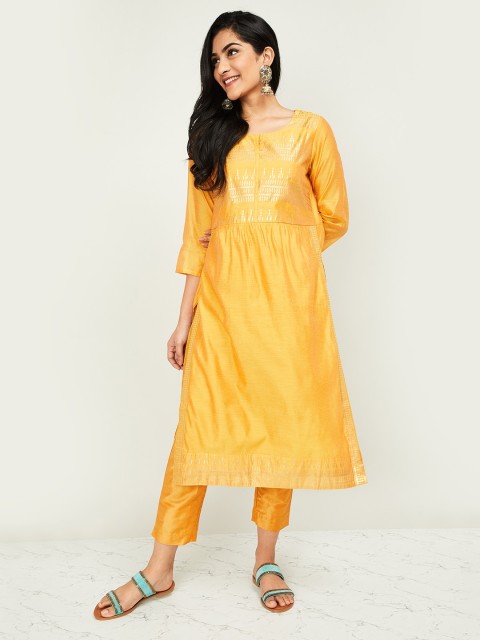 

Melange by Lifestyle Women Yellow Woven Design Kurta with Trousers