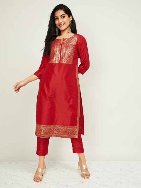 

Melange by Lifestyle Women Red Woven Design Kurta with Trousers