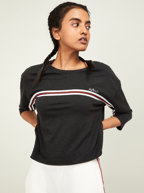 

Kappa Women Grey Melange Striped Round Neck T-shirt