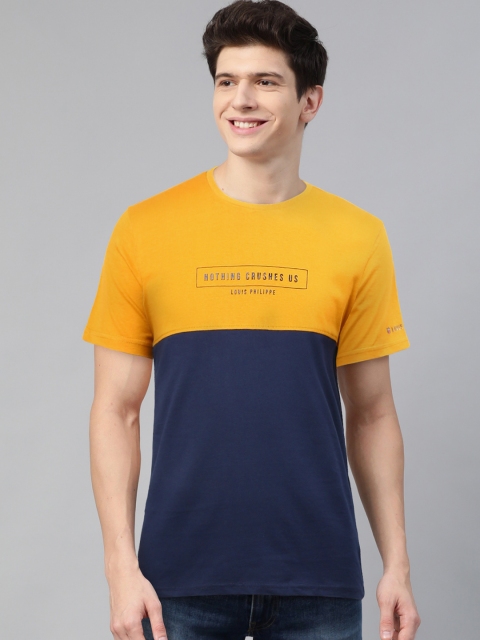 

Louis Philippe Sport Men Navy Blue & Mustard Yellow Colourblocked Round Neck T-shirt