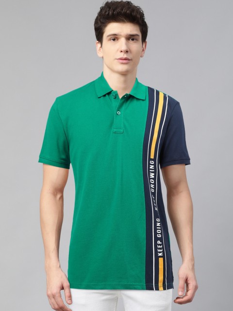 

Louis Philippe Sport Men Green & Navy Blue Colourblocked Polo Collar T-shirt