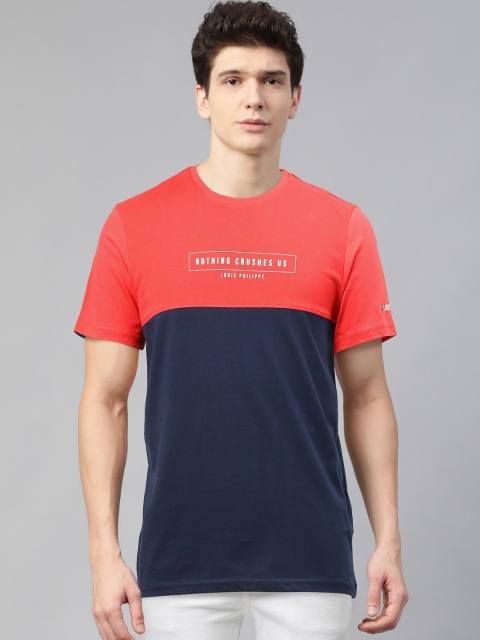 

Louis Philippe Sport Men Navy Blue & Coral Red Colourblocked Round Neck T-shirt