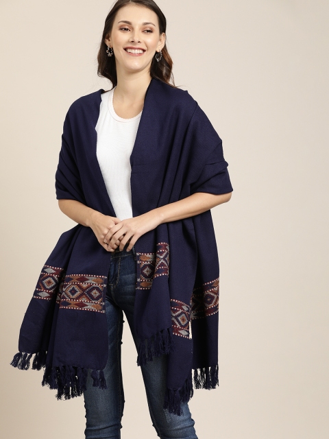 

Taavi Women Navy Blue Solid Kullu Shawl With Fringed Detail