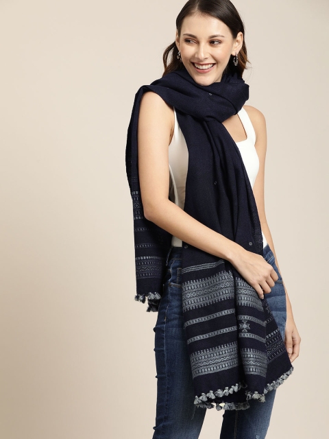 

Taavi Women Navy Blue Embroidered Bhujodi Shawl With Tassels
