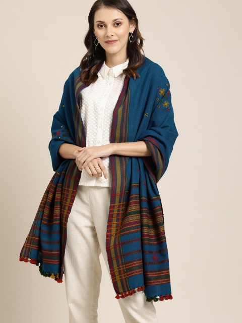

Taavi Women Teal Blue Embroidered Bhujoni Shawl With Mirror Work