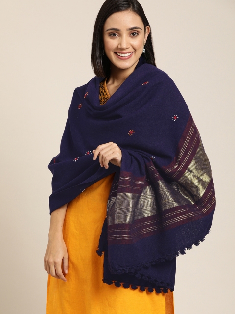 

Taavi Women Navy Blue Embroidered Zari Detailed Bhujoni Shawl With Mirror Work