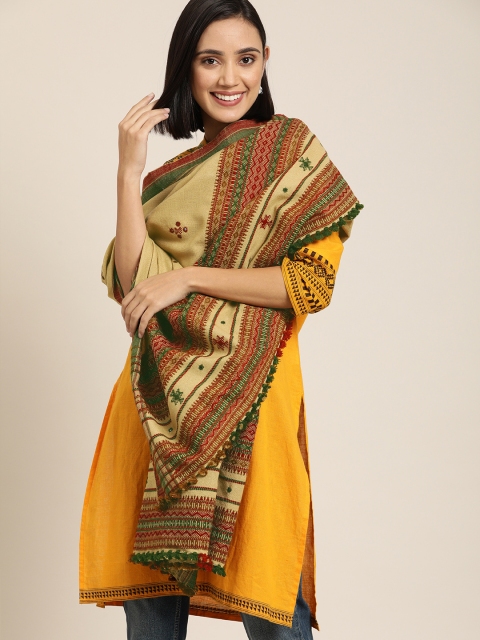 

Taavi Women Beige & Red Embroidered Kullu Shawl With Mirror Work