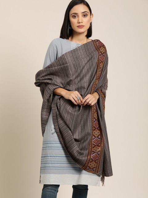 

Taavi Women Rust Pink & Charcoal Grey Woven Design Kullu Shawl With Tassle