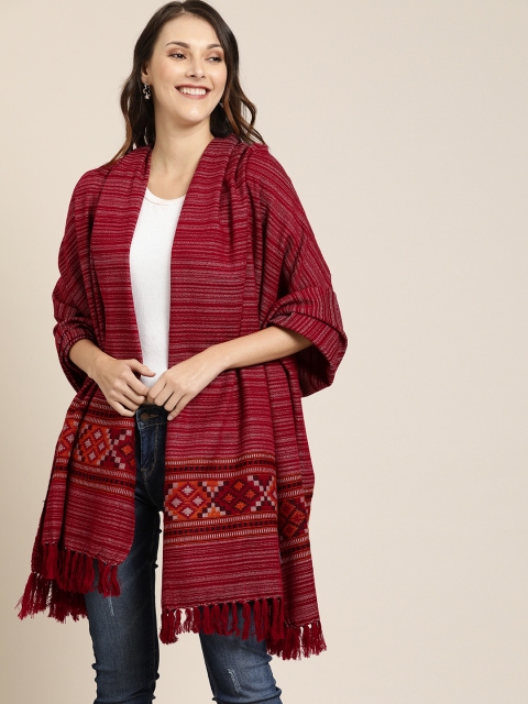

Taavi Women Red Woven Design Kullu Shawl With Tassels