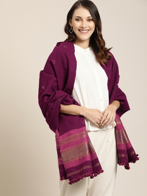 

Taavi Women Magenta Pink Embroidered Bhujoni Shawl With Mirror Work