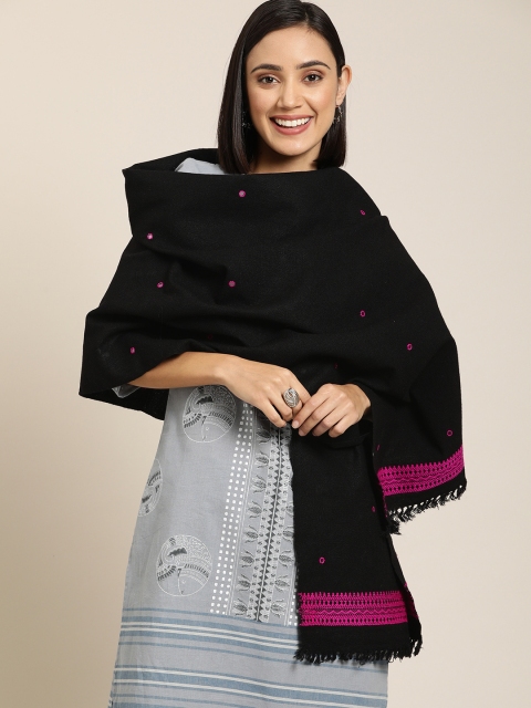 

Taavi Women Black Embroidered Bhujoni Acrylic Shawl With Mirror Work