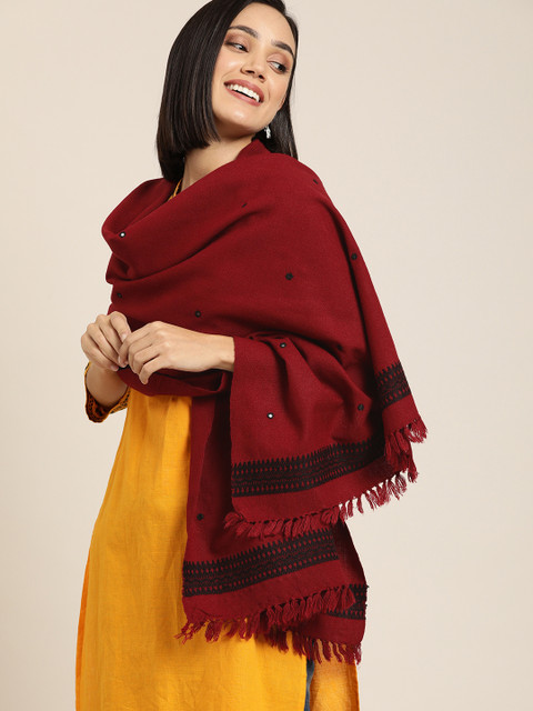 

Taavi Women Maroon Embroidered Bhujodi Acrylic Shawl With Mirror Work