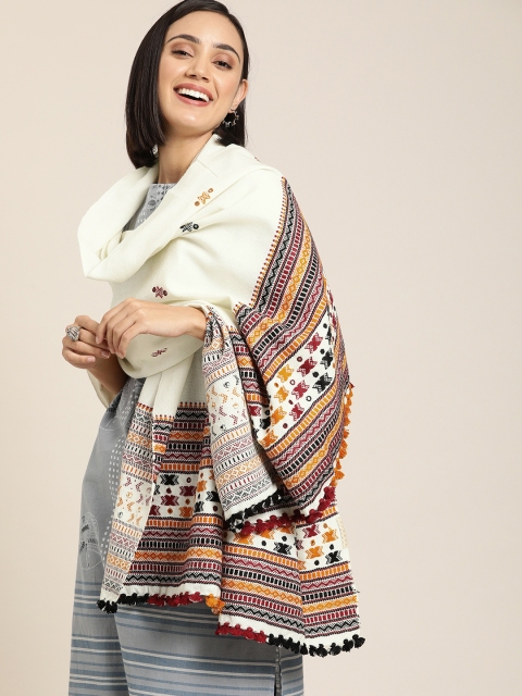 

Taavi Women Off-White Embroidered Bhujoni Shawl With Mirror Work