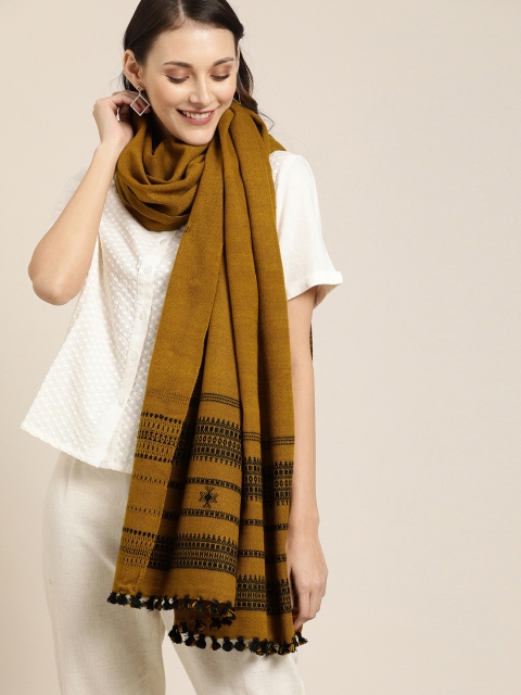 

Taavi Women Mustard Yellow Embroidered Bhujoni Shawl With Mirror Work