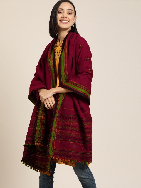 

Taavi Women Maroon Embroidered Bhujodi Shawl With Mirror Work