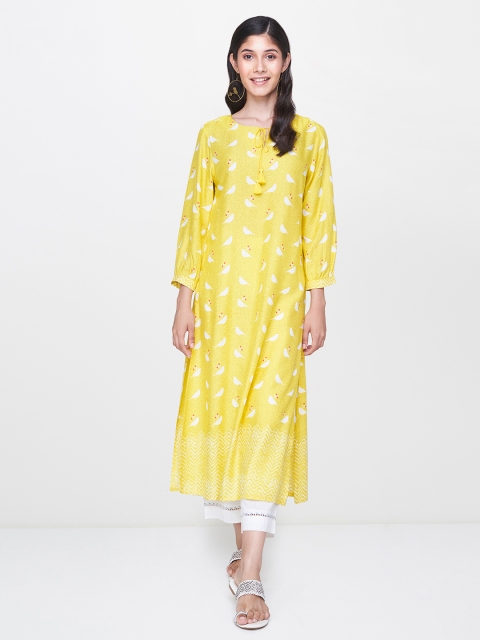 

Global Desi Women Mustard Yellow & White Printed A-Line Kurta