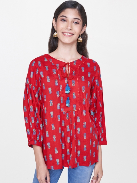 

Global Desi Women Red & Blue Printed Longline A-Line Top with Gathers