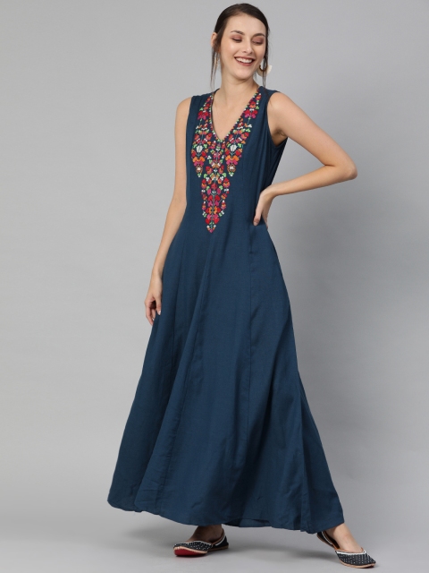 

Global Desi Women Navy Blue Embroidered Maxi Dress