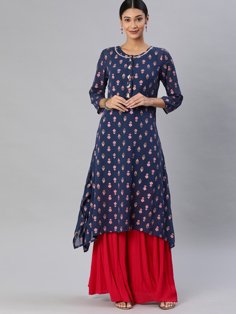 

Global Desi Women Navy Blue Printed A-Line Kurta
