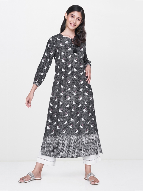 

Global Desi Women Black & Grey Printed A-Line Kurta
