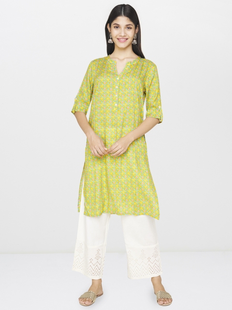 

Global Desi Women Yellow & Blue Printed Straight Kurta