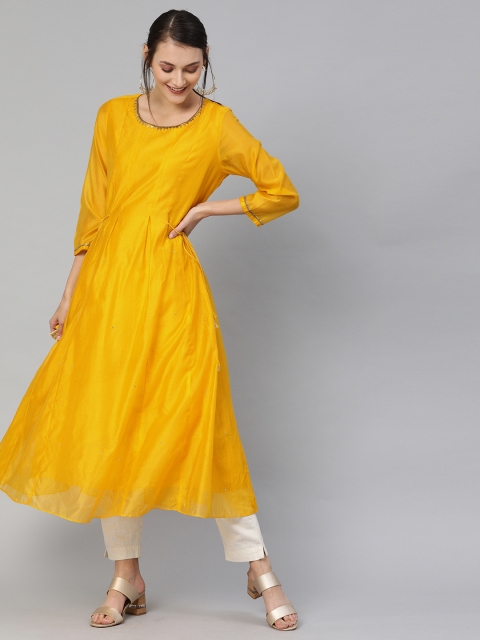 

Global Desi Women Mustard Yellow Solid A-Line Kurta
