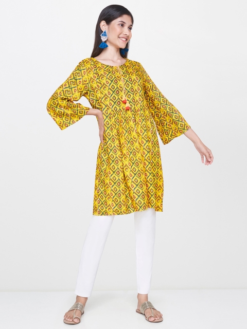 

Global Desi Women Yellow & Green Printed A-Line Kurta with Gathers