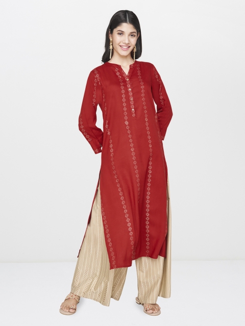 

Global Desi Women Red & Gold-Toned Printed Straight Kurta