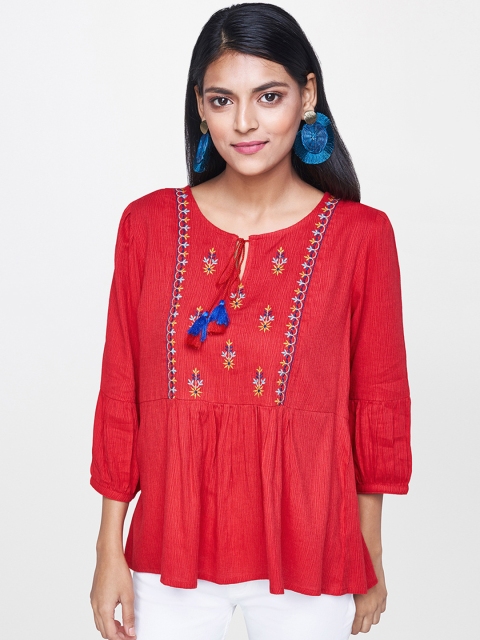 

Global Desi Women Red Embroidered A-Line Top with Gathers