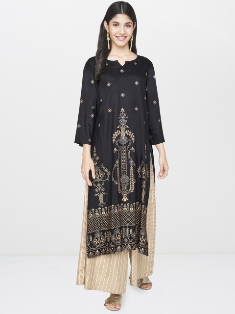 

Global Desi Women Black & Golden Printed Straight Kurta