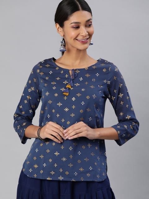

Global Desi Women Navy Blue & Gold-Coloured Printed Regular Top
