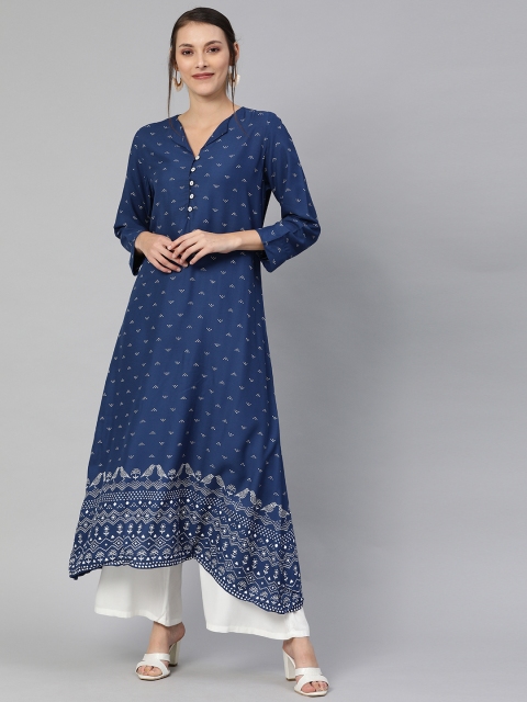 

Global Desi Women Blue Printed A-Line Kurta