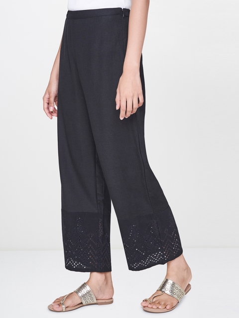 

Global Desi Women Black Straight Fit Solid Schiffli Parallel Trousers