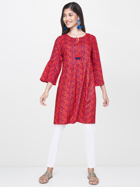 

Global Desi Women Pink & Navy Blue Printed A-Line Kurta with Gathers