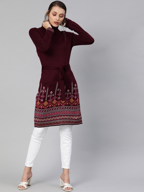 

Global Desi Women Maroon Self-Design Tunic